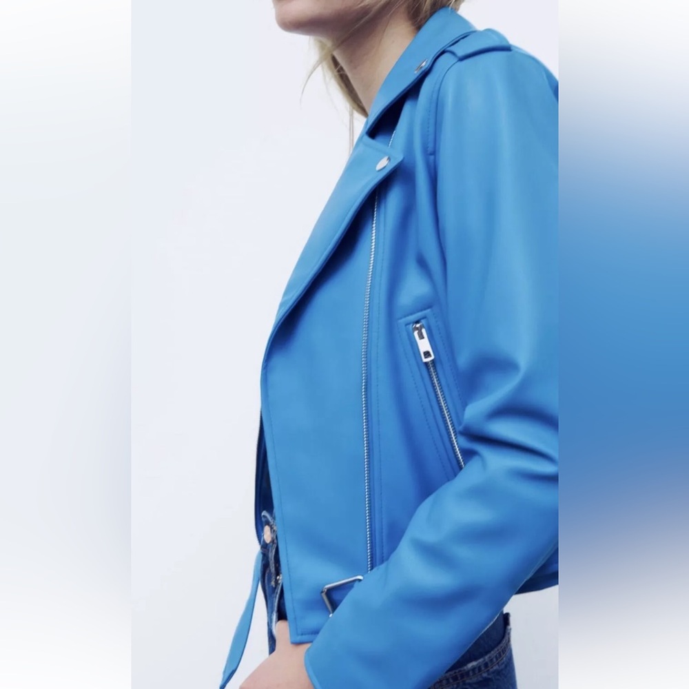 ZARA Faux Leather Blue Moto Jacket XS Biker Blogger Favorite TikTok Style - Picture 14 of 15